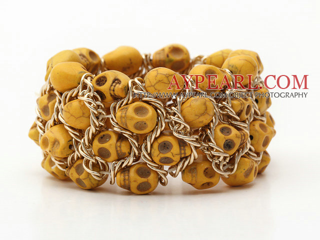 Fashion Style Dyed Lemon Yellow Turquoise Skull Stretch Cuff Bracelet with Yellow Color Metal Chain