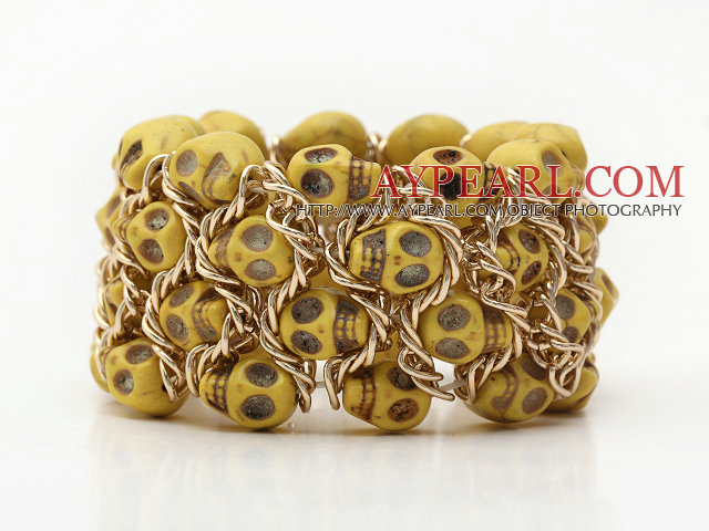 Mote Stil Farget Yelow Color Turkis Skull Stretch Cuff armbånd med gul farge Metal Chain