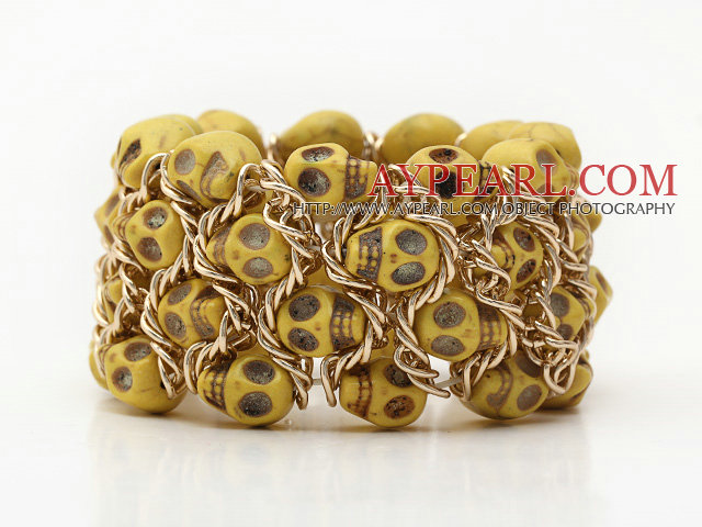 Fashion Style βαμμένα Yelow Turquoise Skull Stretch σφαλιάρα βραχιόλι με κίτρινο μέταλλο αλυσίδα χρώμα