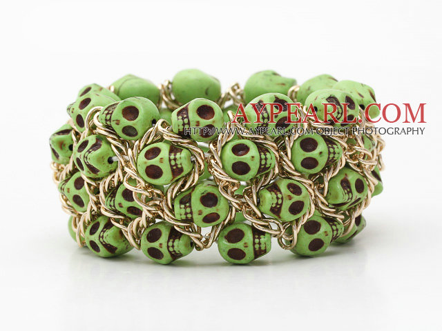 Fashion Style Dyed Apple Green Turquoise Skull Stretch Cuff Bracelet with Yellow Color Metal Chain