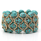 Fashion Style Turquoise Skull Stretch Cuff Bracelet with Yellow Color Metal Chain