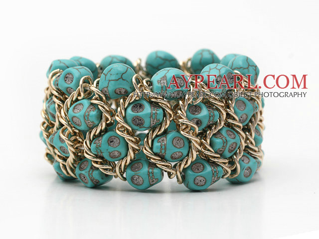 Fashion Style Turquoise Skull Stretch Cuff Bracelet with Yellow Color Metal Chain