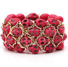 Fashion Style Dyed Hot Pink Turquoise Skull Stretch Cuff Bracelet with Yellow Color Metal Chain