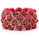 Fashion Style Färgat Hot Rosa Turkos Skull Stretch Cuff Armband med gul färg Metall Kedja