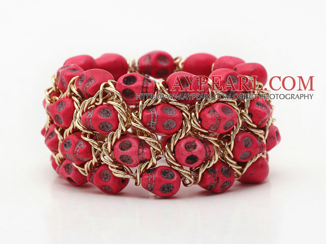 Fashion Style Dyed Hot Pink Turquoise Skull Stretch Cuff Bracelet with Yellow Color Metal Chain