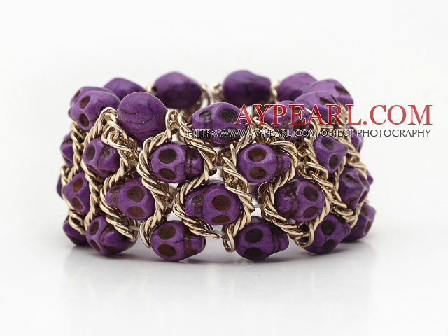 Fashion Style Dyed Purple Turquoise Skull Stretch Cuff Bracelet with Yellow Color Metal Chain