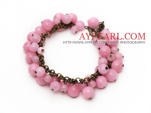 Pink Color Round Candy Jade Bracelet with Bronze Chain