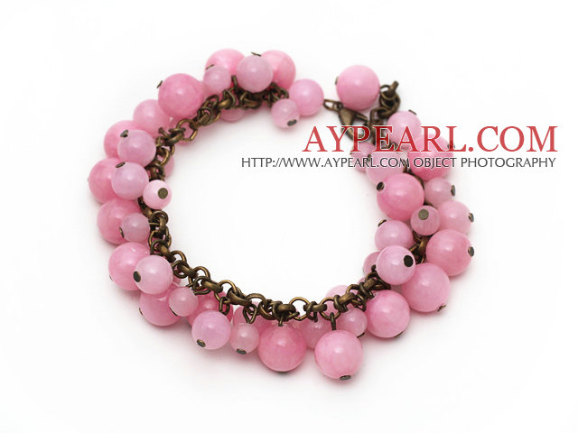 Rosa Färg Round Candy Jade Armband med brons kedja