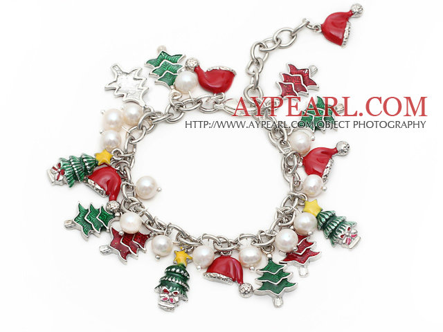 2013 Christmas Design White Freshwater Pearl Charm Bracelet with Christmas Tree and Extendable Chain