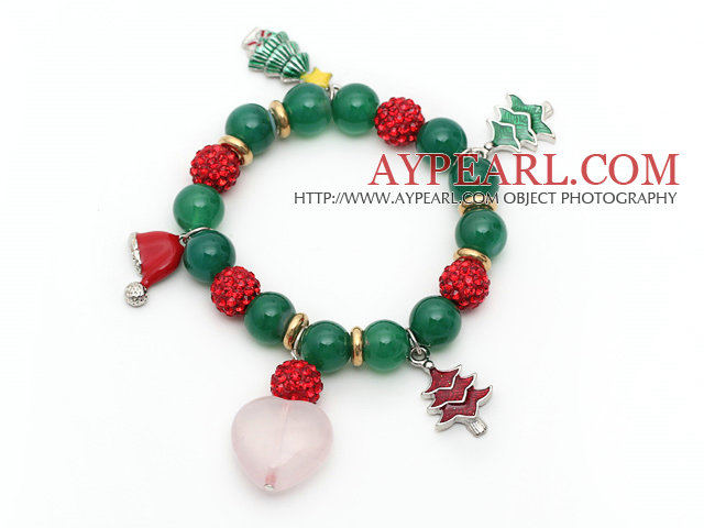 2013 Jul Design Grön Agat och röd STRASS Ball Stretch Bracelet med julgran och Heart Shape Rosenkvarts