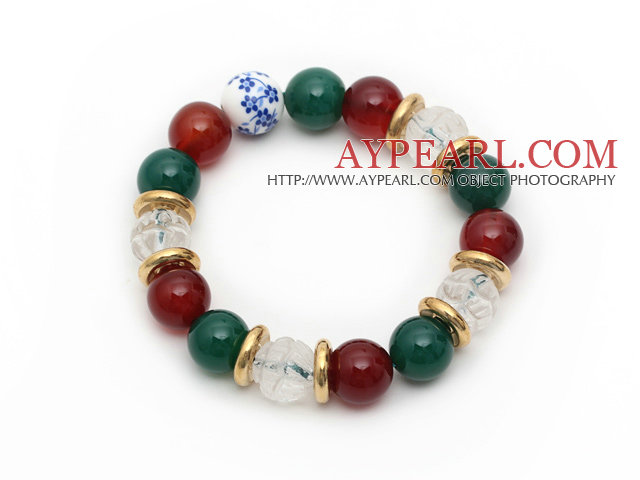 Assorted Round Green Agate and Carnelian and Clear Crystal Lotus Stretch Bracelet