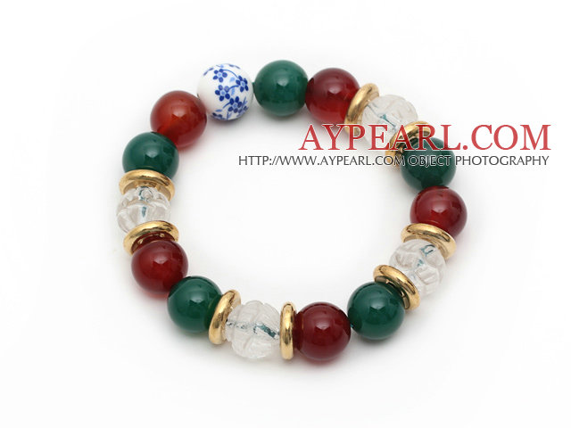 Assortert Round Grønn Agate og karneol og Clear Crystal Lotus Stretch Bracelet