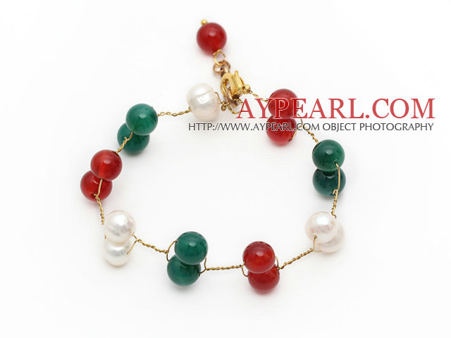 2013 Christmas Design White Freshwater Pearl and Green Agate and Carnelian Wire Bracelet