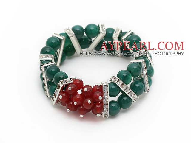 2013 Christmas Design Green Double Rows Agate and Carnelian Stretch Bracelet with Rhinestone Accessories