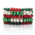 2014 Christmas Design Multi Rows Pearl and Green Agate and Carnelian Stretch Cuff Bracelet