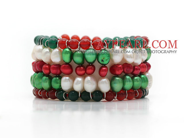 2013 Christmas Design Multi Rows Pearl and Green Agate and Carnelian Stretch Cuff Bracelet