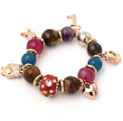 Assortert Smoky Quartz og Tiger Eye og Agate og Amethyst Multi Color Multi Stone Stretch Charm Bracelet