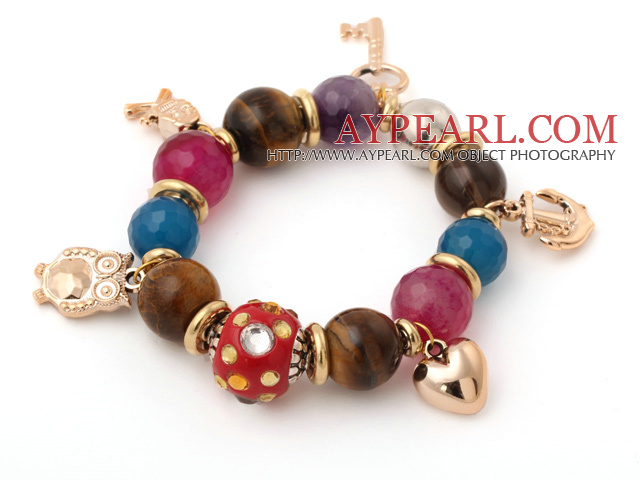 Assortert Smoky Quartz og Tiger Eye og Agate og Amethyst Multi Color Multi Stone Stretch Charm Bracelet