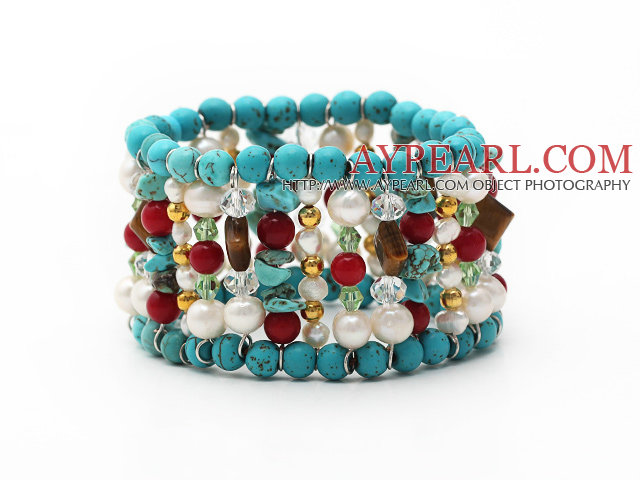 Blandade Turkos och Red Coral och White Pearl och Tiger Eye Stretch Cuff Bracelet