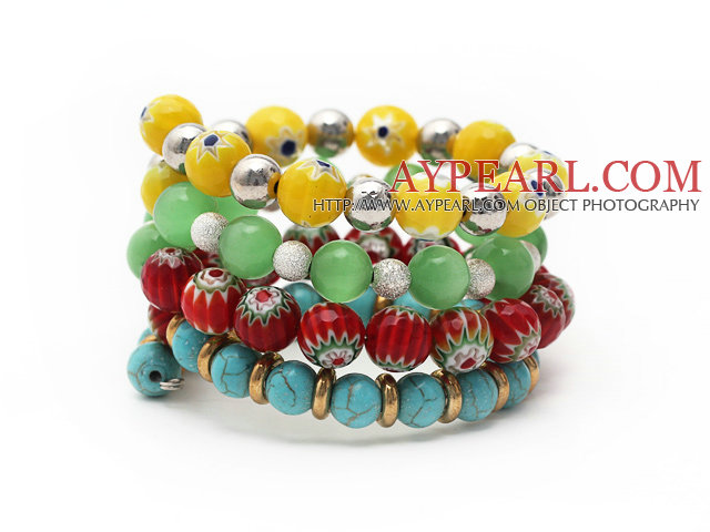 Multi Color Assorted Turquoise and Cats Eye and Colored Glaze Wrap Bracelet