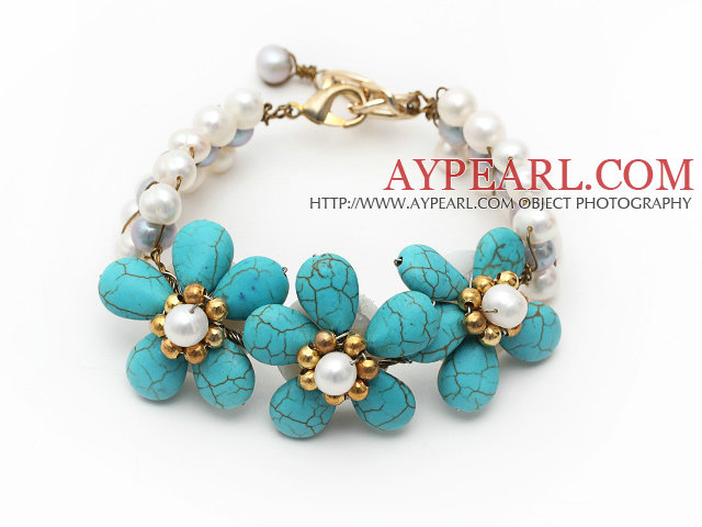 Elegant Style White Freshwater Pearl and Turquoise Flower Bracelet