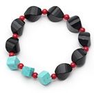 Assorted Irregular Shape Black Agate and Red Coral and Turquose Stretch Bracelet