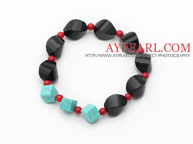 Assorted Irregular Shape Black Agate and Red Coral and Turquose Stretch Bracelet