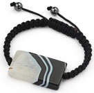 Simple Design Rectange Shape Black and White Brazil Striped Agate and Hematite Beads Adjustable Drawstring Bracelet