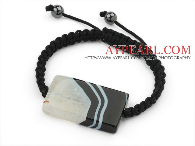 Simple Design Rectange Shape Black and White Brazil Striped Agate and Hematite Beads Adjustable Drawstring Bracelet