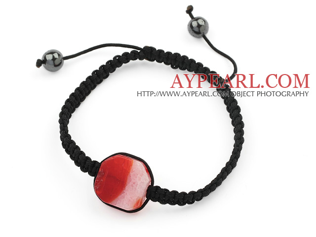 Simple Design Fillet Square Shape Red Burst Pattern Agate and Hematite Beads Adjustable Drawstring Bracelet