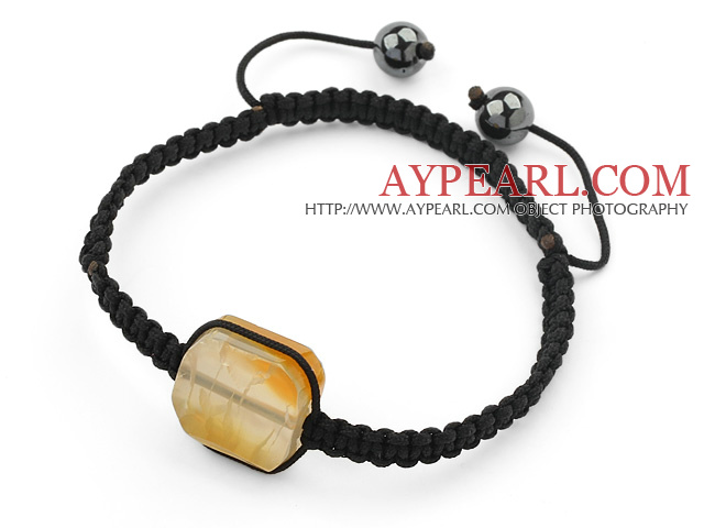 Simple Design Fillet Square Shape Yellow Burst Pattern Agate and Hematite Beads Adjustable Drawstring Bracelet