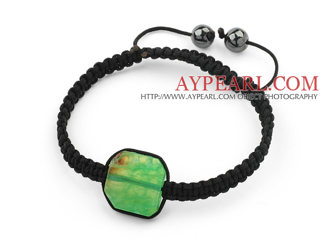 Simple Design Fillet Square Shape Green Burst Pattern Agate and Hematite Beads Adjustable Drawstring Bracelet
