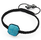 Simple Design Fillet Square Shape Lake Blue Burst Pattern Agate and Hematite Beads Adjustable Drawstring Bracelet