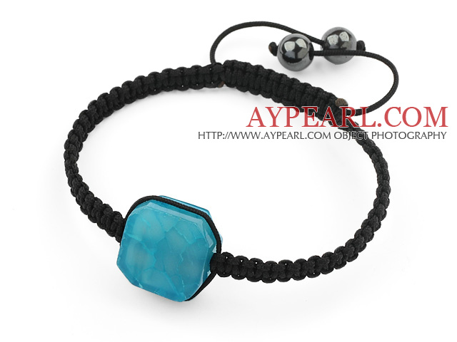 Simple Design Fillet Square Shape Lake Blue Burst Pattern Agate and Hematite Beads Adjustable Drawstring Bracelet