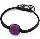 Simple Design Fillet Square Shape Purple Burst Pattern Agate and Hematite Beads Adjustable Drawstring Bracelet