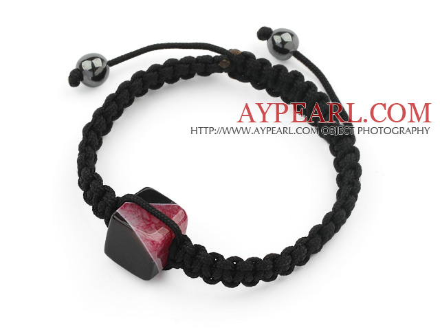 Simple Design Square Shape Black and Purple Brazil Striped Agate and Hematite Beads Adjustable Drawstring Bracelet