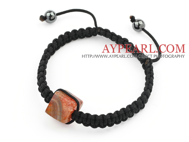 Simple Design Square Shape Orange Color Striped Agate and Hematite Beads Adjustable Drawstring Bracelet