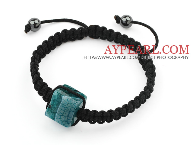 Simple Design Square Shape Lake Blue Brazil Striped Agate and Hematite Beads Adjustable Drawstring Bracelet