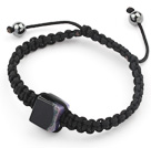 Discount Simple Design Square Shape Black with Purple Brazil Striped Agate and Hematite Beads Adjustable Drawstring Bracelet