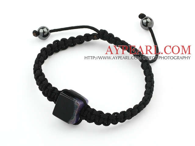 Simple Design Square Shape Black with Purple Brazil Striped Agate and Hematite Beads Adjustable Drawstring Bracelet