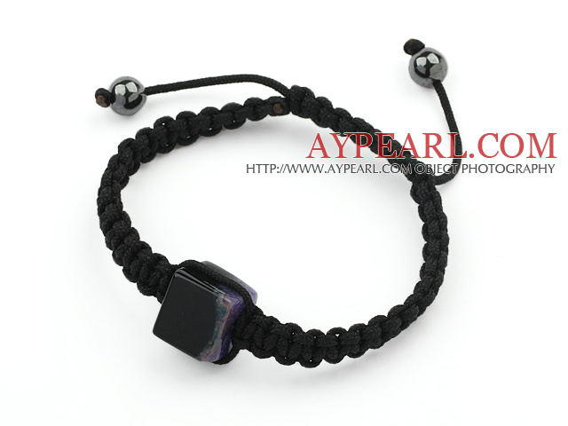 Simple Design Square Shape Svart med lilla Brasil Striped Agate og Hematitt perler justerbar snor armbånd