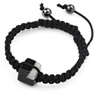 Simple Design Square Shape Black Brazil Striped Agate and Hematite Beads Adjustable Drawstring Bracelet