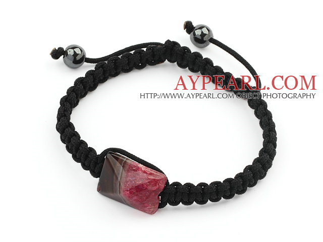 Simple Design Rectangle Shape Black and Purple Crystallized Striped Agate and Hematite Beads Adjustable Drawstring Bracelet