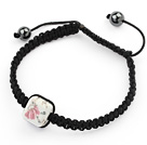 Simple Design Square Shape Pink Flower and White Porcelain and Hematite Beads Adjustable Drawstring Bracelet