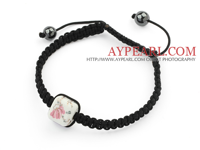 Simple Design Square Shape Pink Flower and White Porcelain and Hematite Beads Adjustable Drawstring Bracelet