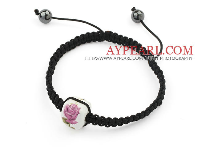 Simple Design Square Shape Pink and White Porcelain and Hematite Beads Adjustable Drawstring Bracelet