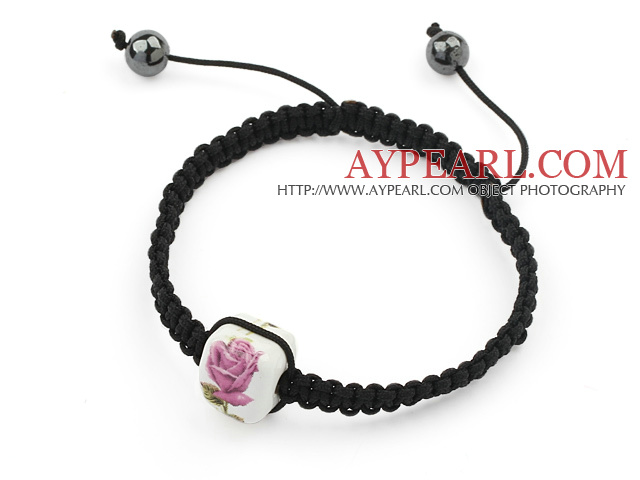 Einfache Design Quadratische Form, Rosa und Weiß Porzellan und Hämatit Kordelzug Armband