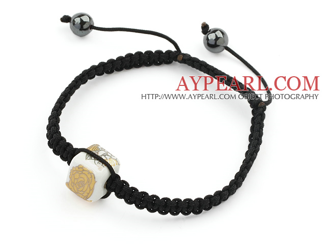 Simple Design Square Shape Yellow and White Porcelain and Hematite Beads Adjustable Drawstring Bracelet