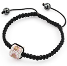 Simple Design Square Shape Pink and White Porcelain and Hematite Beads Adjustable Drawstring Bracelet