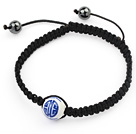 Simple Design Round Blue and White Porcelain and Hematite Beads Adjustable Drawstring Bracelet